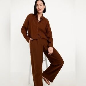 Old Navy The Cropped Shirt Linen-Blend Chocolate Brown Color, Size M